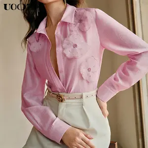 UOOZEE 2025 New Women's Long-Sleeve Sheer Blouse, 3D Flower Chic Top for Office Business Casual Work (1 Size Up Recommended for Wide Shoulders)