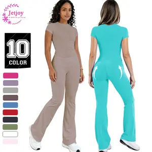 Jetjoy Goling Out Workout Sets for Women 2 Piece,Short Sleeve T-Shirt+ 29‘’ Mini Flare Leggings for Women , Fitness Seamless Tummy Control Glute Scrunch Butt Lifting Mini Flare Leggings, for Gym, Casual Workout Loungewear Matching Cropped Top Womenswear