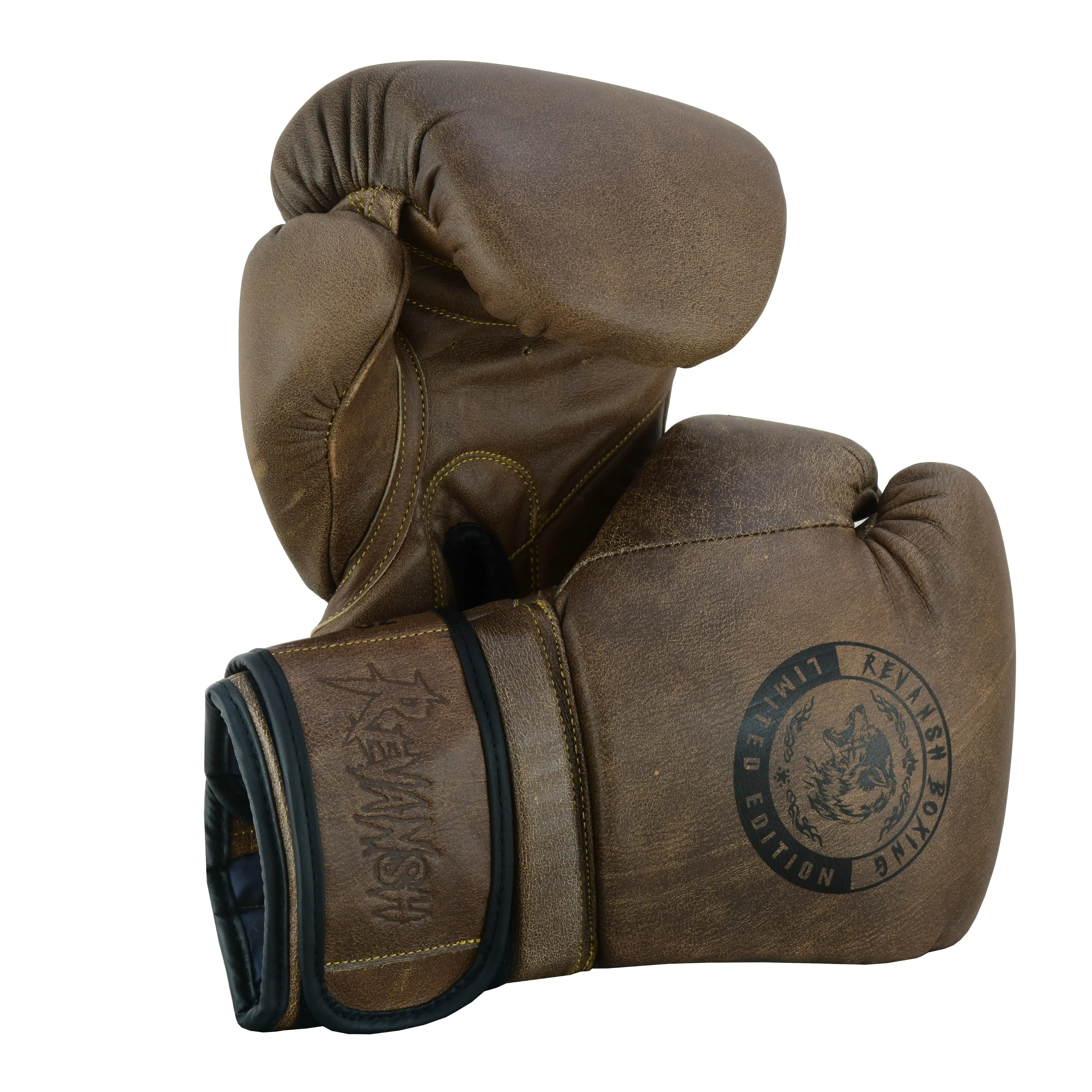 Revansh Sports Vintage Brown Leather Boxing Gloves - Genuine Cowhide Leather - Strape Closure - 12, 14, 16 OZ - Ideal for Boxing Enthusiasts