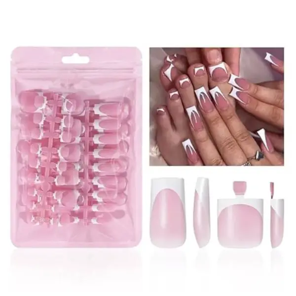 60PCSfor Women Medium Square Fake Nails Full Cover French False Nails Stick On Fingernails & Toenails DIY Manicure Kit with Adhesive Tabs