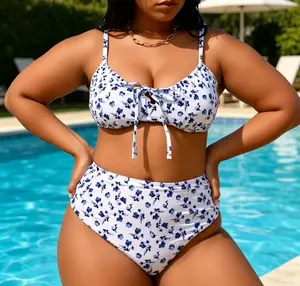 Women's plus-size blue floral two-piece bikini set – bow-knot crop top paired with tummy-control high-waisted bottom, figure-flattering swimwear perfect for beach vacations, pool parties, and cruises – SummerVibes