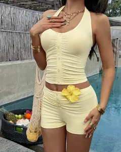 Women's Yoga Fitness Set, Halter V-Neck Button Ruched Top & Shorts,casual and comfortable, quick-drying sportswear, suitable for gym workouts, summer clothing sporty yoga set，gym sets for women