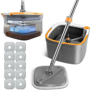 TikStar Spin Mop & Bucket Set Only 10Pcs with Self-Separating Dirty Water & Clean Water System, Self-Drying 360° Spin Square Mop Head for Hardwood Tile Marble Floors,Cleaning Mop after the party,adjustable hand tool