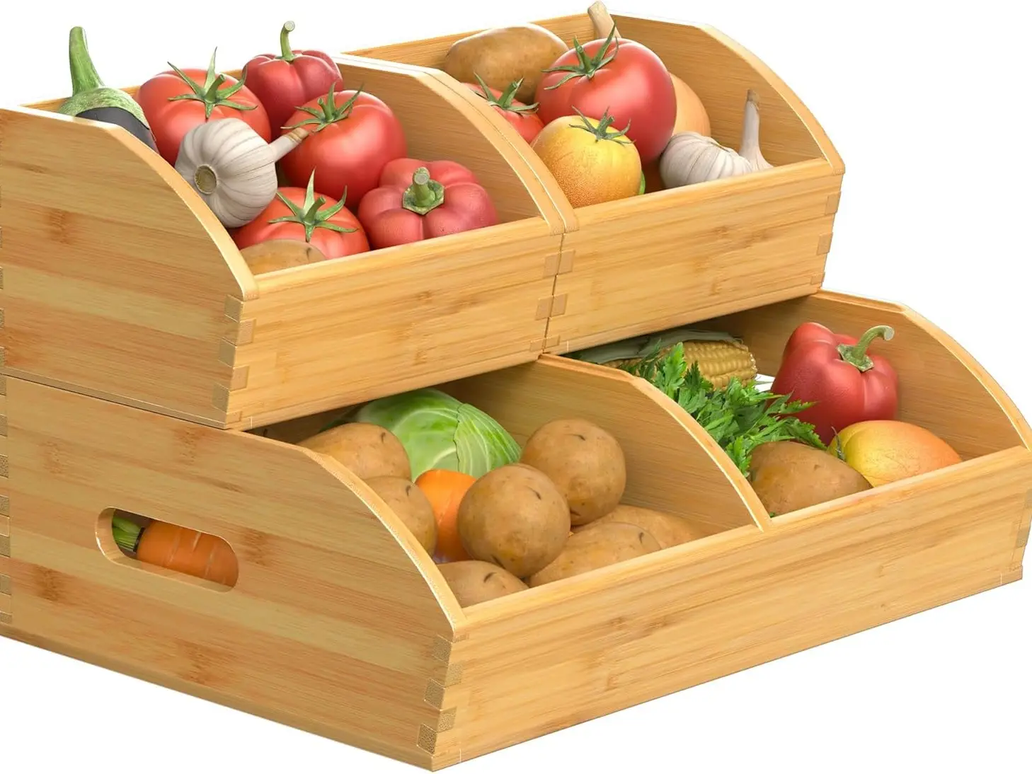 3-Pack Ventilated Bamboo Storage Bins with Handles - Stackable Kitchen Pantry Organizers for Countertop, Multipurpose Containers for Potatoes, Onions