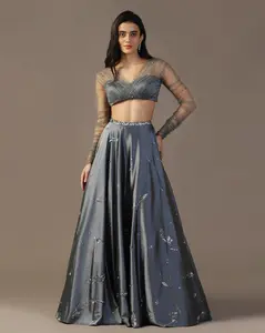 Gray satin lehenga set with gathered sleeves blouse