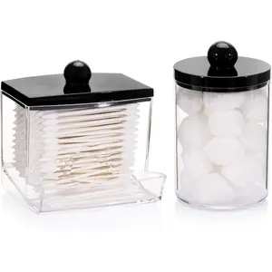 2 Pack Qtips Dispenser - Bathroom Organizers and Storage Containers, Plastic  Jars with Black  for  Swab,  Round Pads, Floss