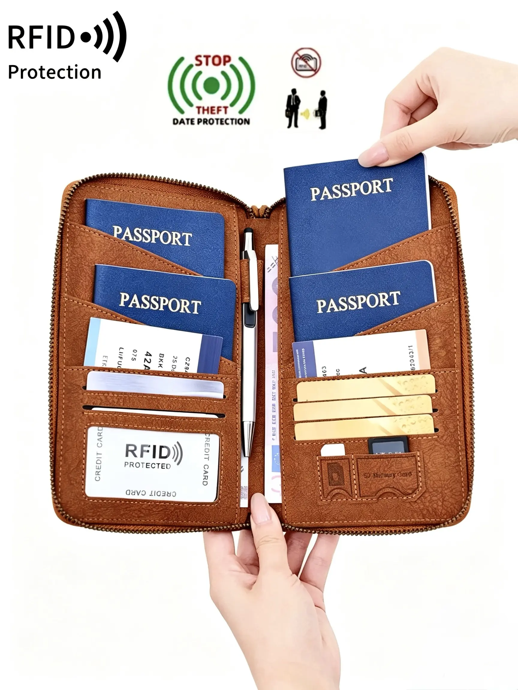 New RFID Blocking Passport Holder, Holds Multiple Passports, Travel Document Organizer, Skin-Friendly Zipper Wallet, Detachable Wrist Strap, Passport Cover, Travel Essentials