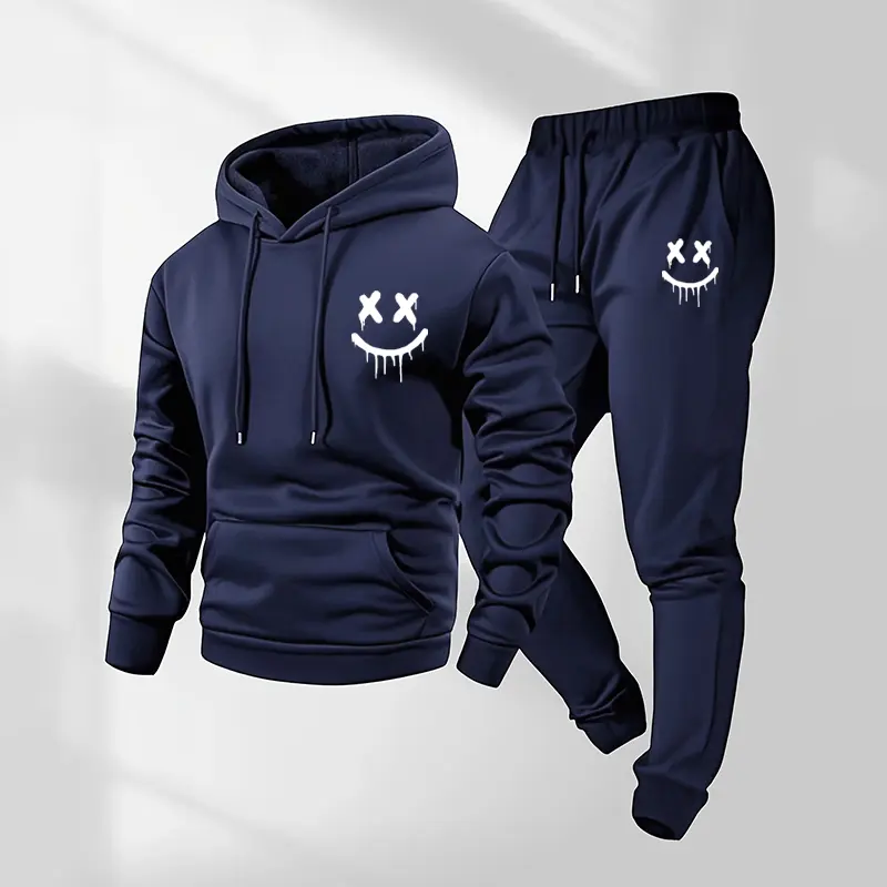 Men's 2-Piece Tracksuit, Casual Smile Face Print Long Sleeve Hoodie & Sweatpants, Loose-Fit Knitted Polyester for Fall Winter Workouts, Workout Set, Athleisure, Mensfashion, 2 Piece Mens, Knitting, Men's Outfit Sets, Drawstring Waist, Comfy Knit Pants, Lo
