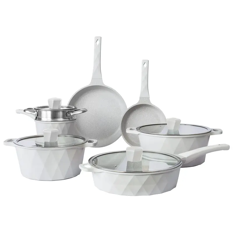Country Kitchen Non-Stick Cast Aluminum Cookware Set - Durable Kitchen Cookware for Everyday Cooking, Cream Diamond, 11 Pc.