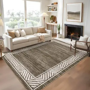 Garvee 9x12 Modern Geometric Bordered Area Rug - Washable, Foldable, Minimalist Design with Stain Resistance, Reinforced Edges and Backing for Living Room, Bedroom, Entryway - Brown