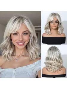 Women's Mixed Short Wig Cap, 16 Inches Ready-To-Use Glue-Free Wig, Suitable for Role Play Parties, Medium Length Fashion Wig with Bangs, Fun Wigs