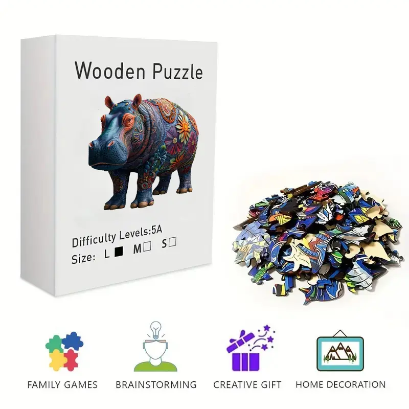 Bohemian Floral Hippo Wooden Jigsaw Puzzle for Adults & Kids - Challenging Irregular Pieces, Colorful Ethnic Pattern Art Puzzle, Stress Relief Brain Teaser, Framable Wall Art & Home Decor