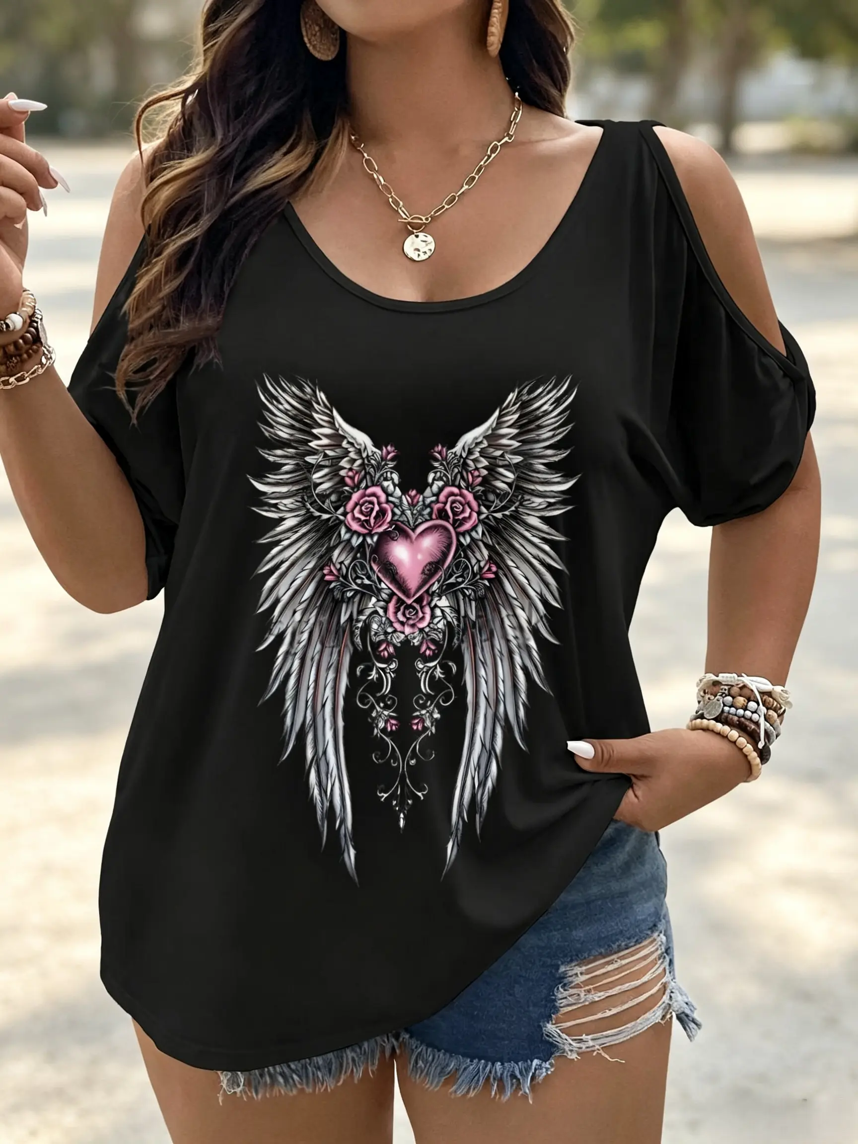 Plus Size - Gothic Style Wing Pattern Summer New Casual Back Strap Off Shoulder Short Sleeved T-Shirt, Cold Shoulder Tee, Soft And Lightweight, Versatile T-Shirt, Perfect for Body Shaping, Simple And Fashionable women oversized tshirt retro