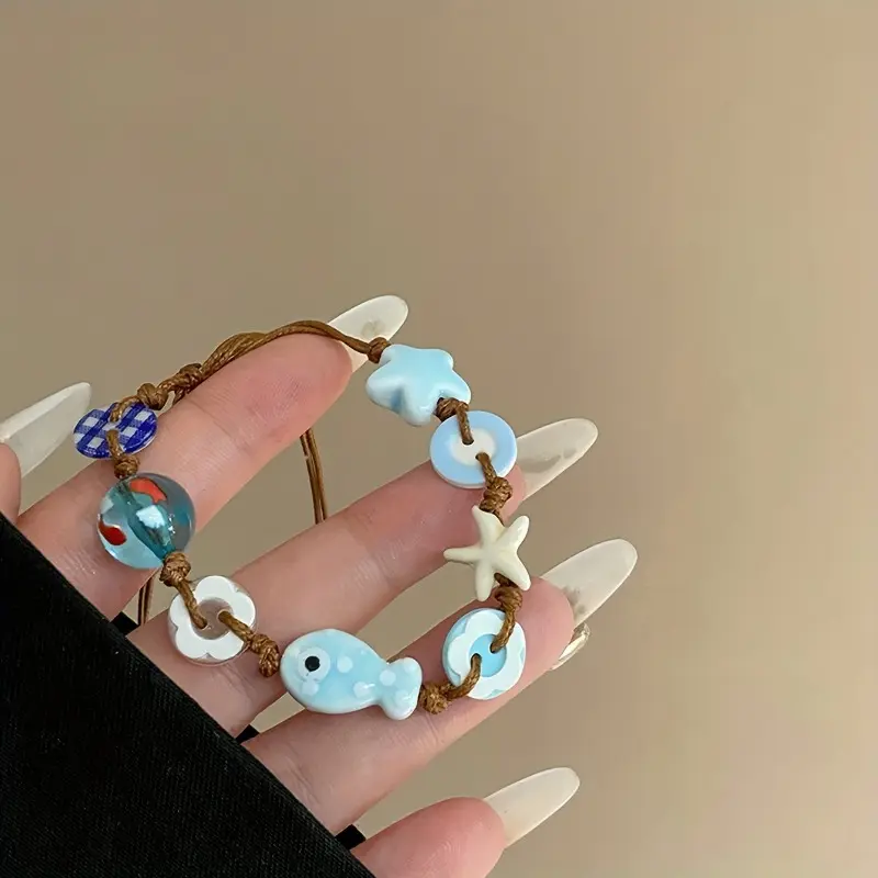 1pc Y2K Bohemian Fish & Starfish Bracelet - Hand-Woven Adjustable Rope Chain with Button Closure, Nautical Suitable for Daily Wear, Parties, Vacations, Gift for Women, Sea-Themed for Mardi Gras and Year-Round Outfits