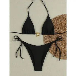 Women's Fashionable Two-Piece Bikini Swimsuit, Tie-Strap Metal Star Design, Beach Vacation Outfit set