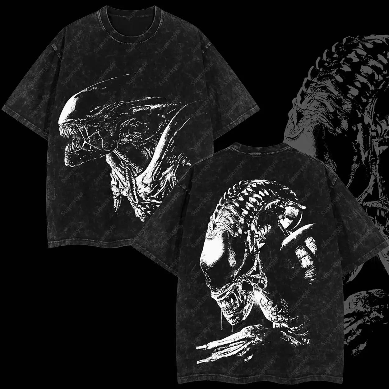 Superstyle Xenomorph Alien Horror Screamer Ver 04 Alien vs. Predator AVP Edition Double Printed Oversize Lightweight Acid Washed Tee TV Series Movies Graphic Design Top Cotton Streetwear Comic Superheroes T-Shirt Clothes Menswear Womenswear 34U