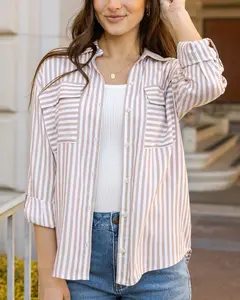 Seaside Striped Tan/Ivory Button Down Shirt - FINAL SALE