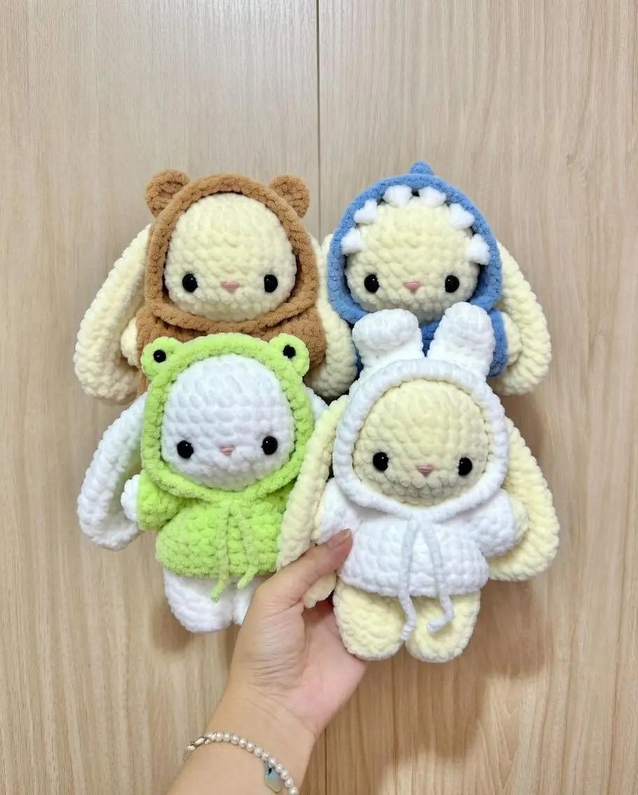 Crochet Bunny Plush in Animal Hoodie, Cute Amigurumi Bunny Stuffed Animal, Kawaii Easter Bunny Toy