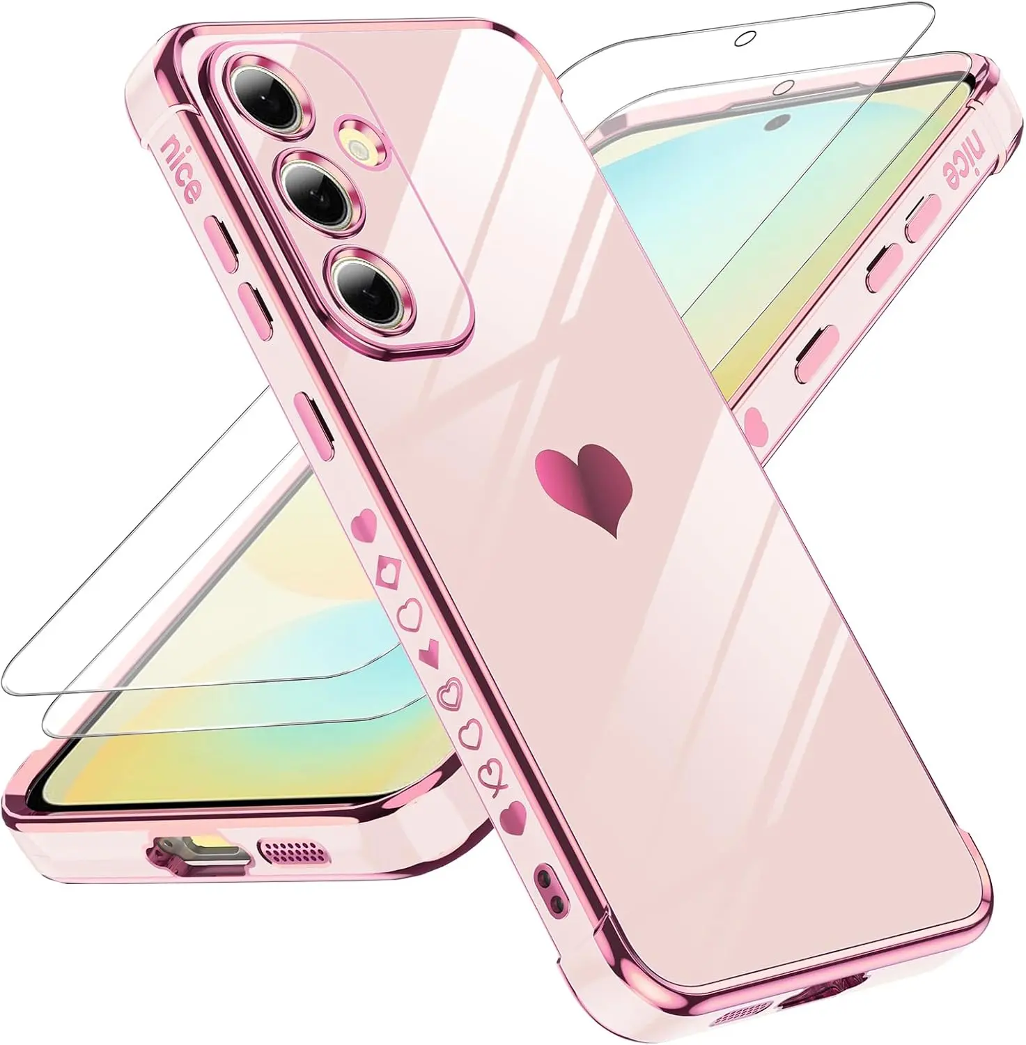 for Galaxy S24-FE Case: Tempered Glass Screen Protector 2 count,Full Camera Lens Protection, Love Heart  Luxury Shockproof Phone Case Funda para  S24FE 5G,