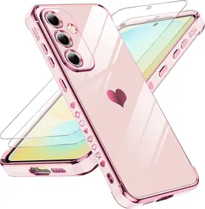 for Galaxy S24-FE Case: Tempered Glass Screen Protector 2 count,Full Camera Lens Protection, Love Heart  Luxury Shockproof Phone Case Funda para  S24FE 5G,