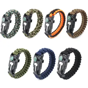 Outdoor Escape Survival Hand Rope Paracord Camping Compass Flint Bracelet Whistle Blade Buckle