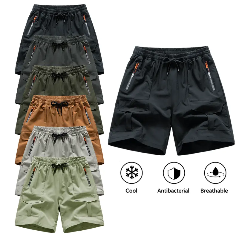 1 Pack Men's Cooling Athletic Cargo Shorts Antibacterial Breathable Multi Zipper Pockets Elastic Drawstring Lightweight Hiking Fishing Workout Shorts quick summer daily everyday outdoor trending clean gent color short men thin fabric casual outing simple