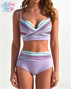 ActiveFury Women's Plus Size Bathing Suits - 2-Piece High-Waisted Tankini Swimsuits Set, S-5XL In-Stock Pastel Gradient Stripe, Twist Front Tummy Control Thong for Sports Use