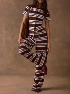 Women's Contrast Stripe Knit Co-ord Set, Crew Neck Short Sleeve Button Front Top, Elastic Drawstring Waist Wide Leg Pants, Soft Stretchy Drapey Fabric, Casual Daily, Loungewear & Commute Wear, Vintage Relaxed Casual Style & 2 Piece, Cozy Lounge Set