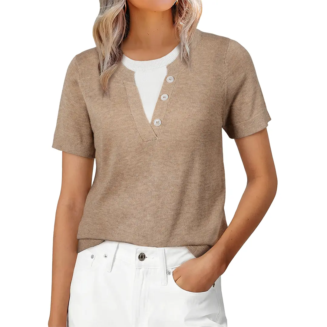 Shewin Women's Notch Neck Short-Sleeve Loose-Fit Solid Basic Knit Blouse, Casual Knitwear for Daily Wear DealsForYouDays,summerwins,summeroutfits,vacationoutfits,beachoutfits,back to school,back to school shopping