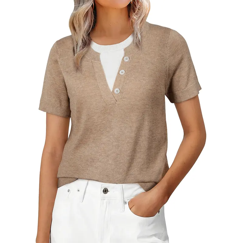 Shewin Women's Notch Neck Short-Sleeve Loose-Fit Solid Basic Knit Blouse, Casual Knitwear for Daily Wear DealsForYouDays,summerwins,summeroutfits,vacationoutfits,beachoutfits,back to school,back to school shopping