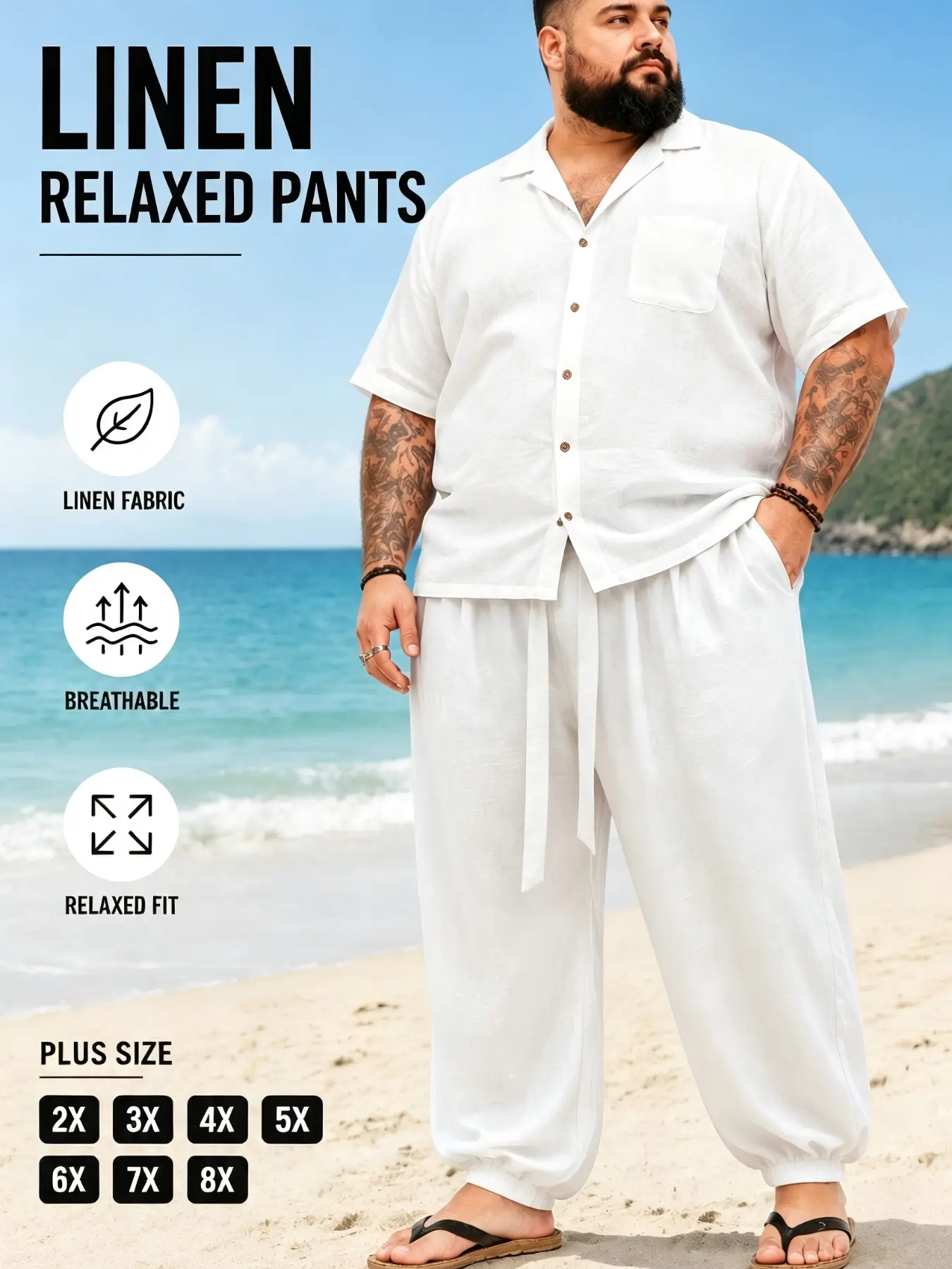Plus Size Men's Trendy Casual Pants, Drawstring Waist and Pocket Design, Linen Fabric, Suitable for Spring and Fall Daily Wear, Casual Beach Pants