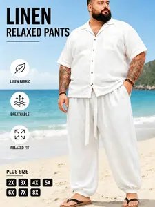 Plus Size Men's Trendy Casual Pants, Drawstring Waist and Pocket Design, Linen Fabric, Suitable for Spring and Fall Daily Wear