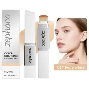 Color Changing Foundation Stick with Brush, Blendable Creamy Dewy Finish Lightweight Cover Stick, Medium to Full Coverage Base Makeup-Ivory White