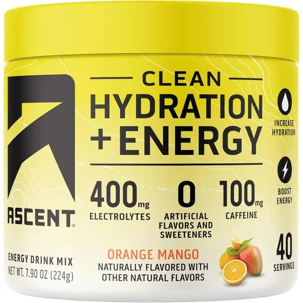 Ascent Clean Hydration + Energy Electrolytes Powder - 100mg Caffeine, 400mg Electrolytes, No Artificial Ingredients, Orange Mango 40 Servings