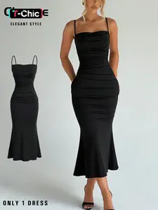 Elegant Women's Dress, Spaghetti Straps, Long Flared Hem, Slim Fit, Soft Elastic Fabric, Casual Plain Design