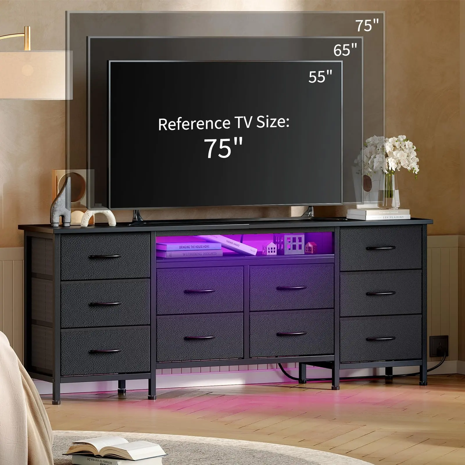 Garvee 160 cm Long Bedroom Dresser with 10 Fabric Drawers, White Changing Table with Power Outlet, LED Light Storage Drawers, and Support for 65 to 75 Inch Screens