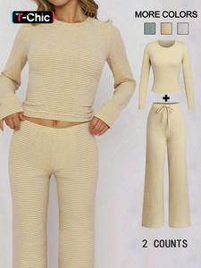 women's casual striped top & pants set, spring fashion two-piece, comfortable and stylish clothing for daily wear