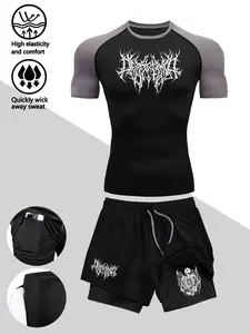 Men's Two-Piece Set featuring a Thorns-Style Text Pattern — Short-Sleeve Top & Double-Layer Shorts. Features a stretchy, slim-fit design; sweat-wicking, breathable, and durable. Ideal for sports, fitness training, cycling, and outdoor activities.