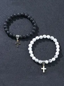 The 2-piece set of white turquoise volcanic stone cross couple bracelet is suitable for daily wear, vacation and dating occasions, and is also a surprising and exquisite small gift Premium Bracelet