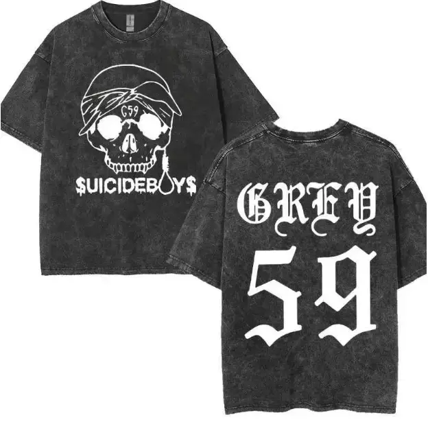 Grey 59 Skull Vintage Washed Oversized T-Shirt | Gothic Hip Hop Streetwear Tee