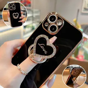 Foldable Heart Shaped Diamond Embedded Finger Ring Stand Case Casing, Shockproof Phone Protective Cover, Phone Accessories Compatible with iPhone 16Pro Max 15Pro Max