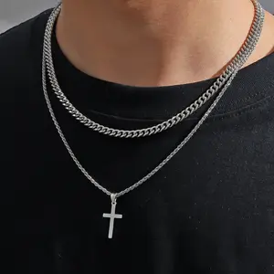 Double Layered Cross Necklace for Men, Trendy Fashionable Simple Cuban Style Necklace