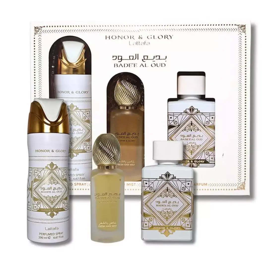 Lattafa Badee Al Oud Honor and Glory Floral Agarwood Oud Multi-Pack Gift Set (3 Pcs) - Gender-Neutral Arabian Classic Floral Bergamot Rose Fragrance Set, 100ML EDP, 200ML Body Spray, 50ML Hairmist, Total 350ML Volume, Gender-Neutral Fragrance Sets