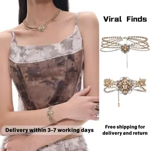 Limited Edition Medusa Multi-Layer Bracelet and Necklace Set with Multi-Layer Antique Gold Collarbone Chain, Original Design Jewelry