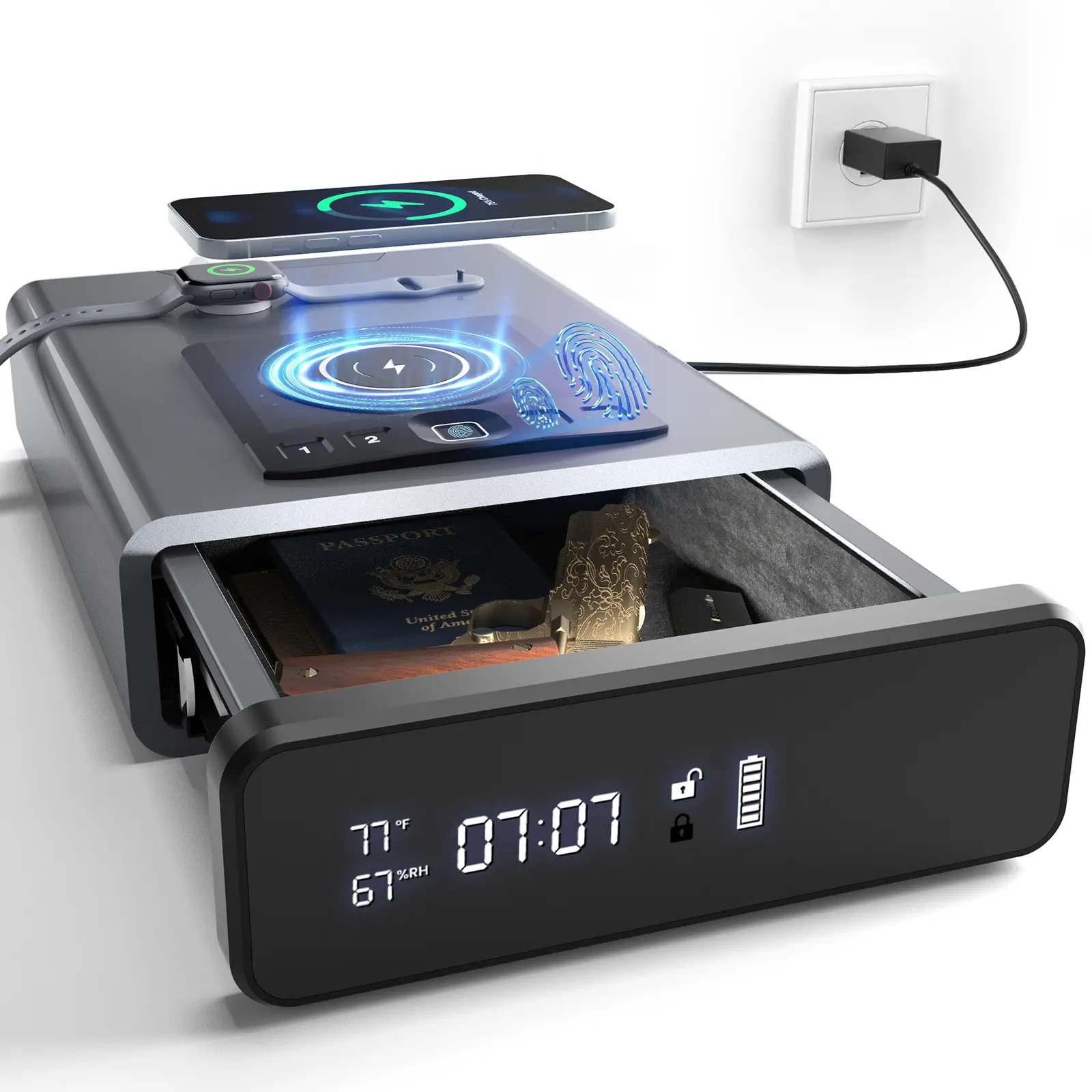 Biometric Discreet Dorm Safe & Gun Safe with LED Clock (DOJ Certified), Back to School College Dorm Essentials, 2-in-1 Phone Wireless Charging, Nightstand Auto Pop-up (0.23 cu.ft.)The best storage and organization for gifts