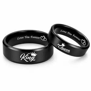 Titanium Steel King-Queen Couple Rings, Heart-to-Heart Design Fashion Costume Jewelry, Dark Black Hammered Tungsten Wedding Engagement Rings for Romantic Gifting, Timeless Vintage Minimalist Openwork Accessory for Daily Dates