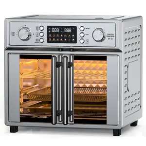 PlumChef 26QT Large Capacity French Double-Door Convection Air Fryer Toaster Oven, 1700W, 14 Preset Menus, 7-in-1 Multi-Function (Bake, Roast, Grill, Toast, Dehydrate, Defrost), Stainless Steel Silvery Countertop Kitchen Appliance