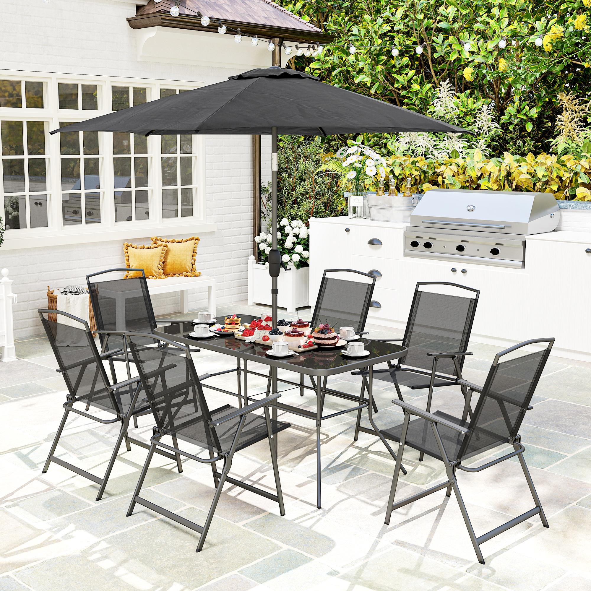 8 Piece Outdoor Dining Set, Patio Furniture Set with Umbrella, 6 Folding Chairs, Rectangle Table and Mesh Seat, Black