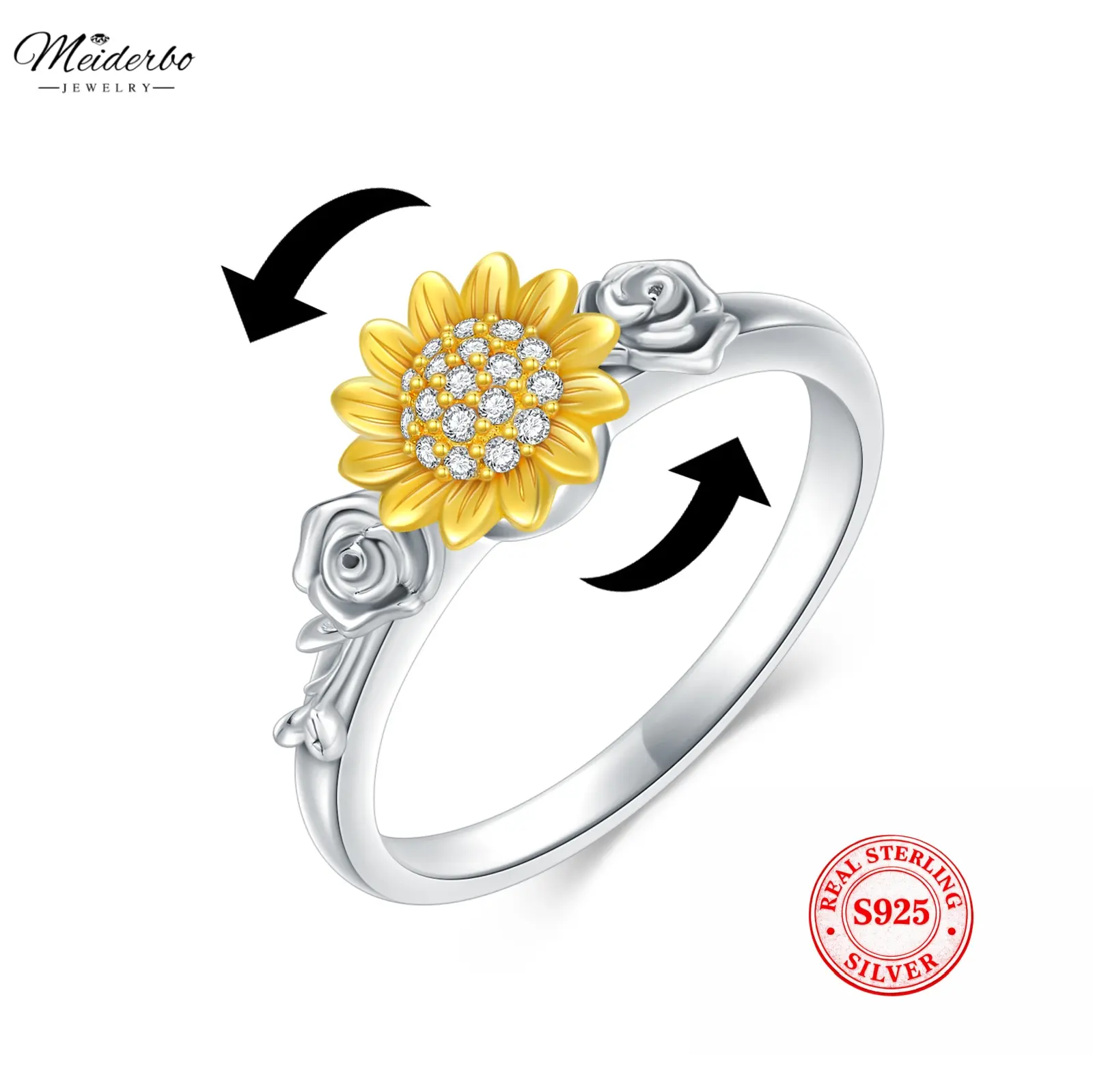MEIDERBO Jewelry Sunflower Ring Flower Ring S925 Sterling Silver Creative Stress-Relieving Ring Rotatable Flower Ring Women's Jewelry, Stress Relief Tool, Statement Ring