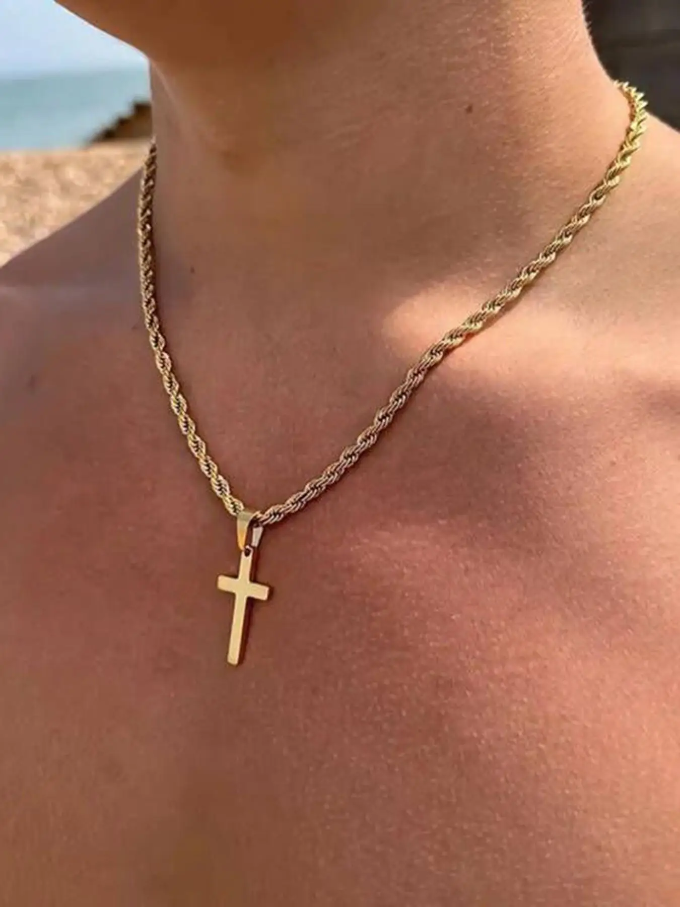 Unisex Street Style Cross Pendant Necklace, Valentine's Day Gift, Punk Stainless Steel Twist Chain Necklace for Party, Daily Decor, Trendy All-match H